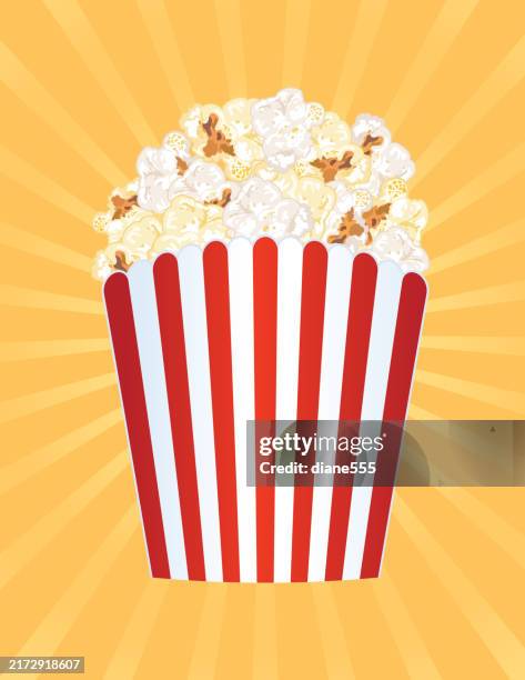 box of popcorn on a gradient base with starburst stripes - popcorn box stock illustrations