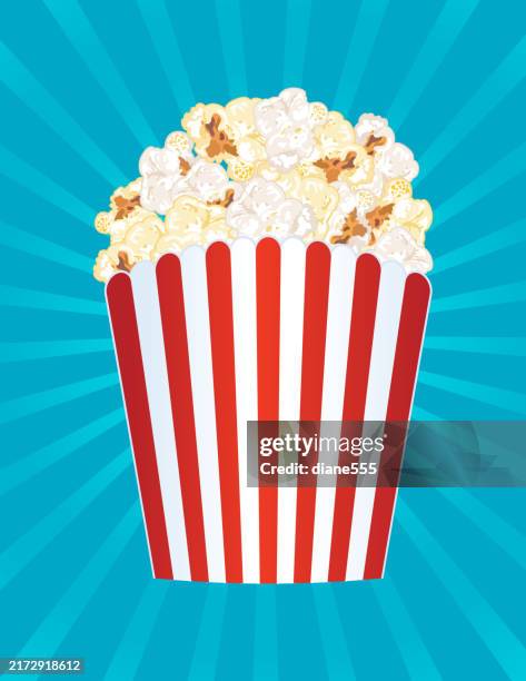box of popcorn on a gradient base with starburst stripes - popcorn bucket stock illustrations