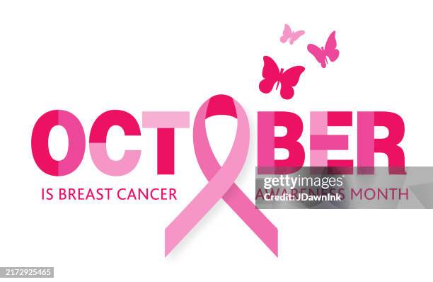 october breast cancer awareness month design template with cancer awareness ribbon and butterflies on white background - october stock illustrations