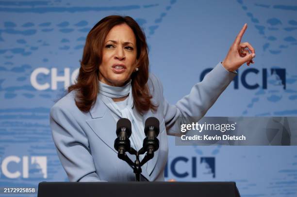 Democratic presidential nominee, U.S. Vice President Kamala Harris delivers remarks at the Congressional Hispanic Caucus Institute's 47th Annual...