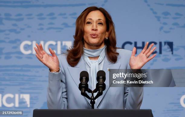 Democratic presidential nominee, U.S. Vice President Kamala Harris delivers remarks at the Congressional Hispanic Caucus Institute's 47th Annual...