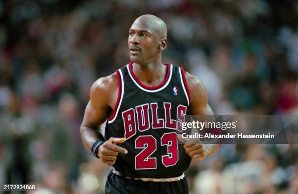 American basketball player Michael Jordan, of the Chicago Bulls, during the NBA match between the Bulls and the Atlanta Hawks, at the Georgia Dome in...