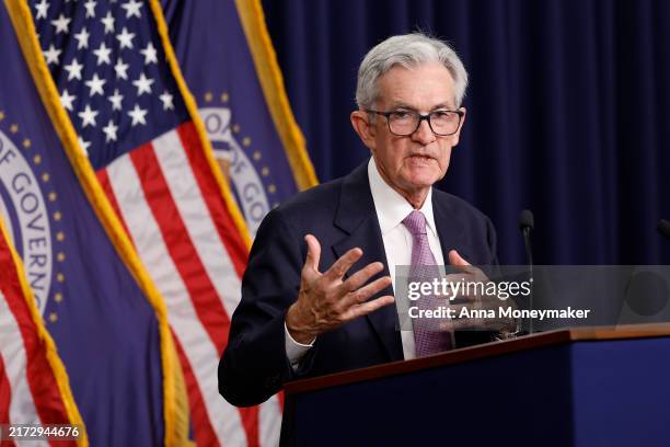 Federal Reserve Chairman Jerome Powell speaks during a news conference following the September meeting of the Federal Open Market Committee at the...