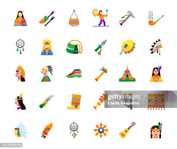 stockillustraties, clipart, cartoons en iconen met native american culture icon set, featuring traditional symbols and artifacts, vector illustration - wigwam