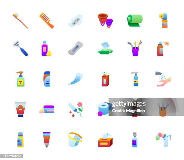 illustrations, cliparts, dessins animés et icônes de ensemble d’icônes de soins personnels et d’hygiène, comprenant des articles de toilette et de toilette de tous les jours - shampooing