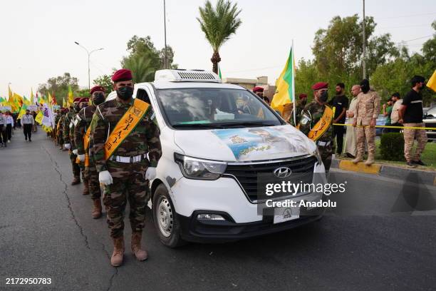 Funeral ceremony held in the capital, Baghdad, Iraq for Abu Haidar al-Hafaji, a commander of the Iraqi Shia militia group Kata'ib Hezbollah, who was...