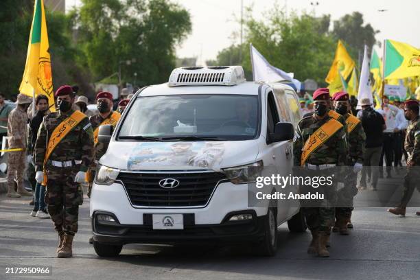 Funeral ceremony held in the capital, Baghdad, Iraq for Abu Haidar al-Hafaji, a commander of the Iraqi Shia militia group Kata'ib Hezbollah, who was...