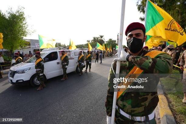 Funeral ceremony held in the capital, Baghdad, Iraq for Abu Haidar al-Hafaji, a commander of the Iraqi Shia militia group Kata'ib Hezbollah, who was...