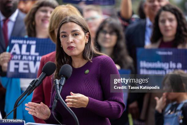 Rep. Alexandria Ocasio-Cortez speaks to supporters at the Homes Act introduction on Capitol Hill on September 18, 2024 in Washington, DC. Rep....