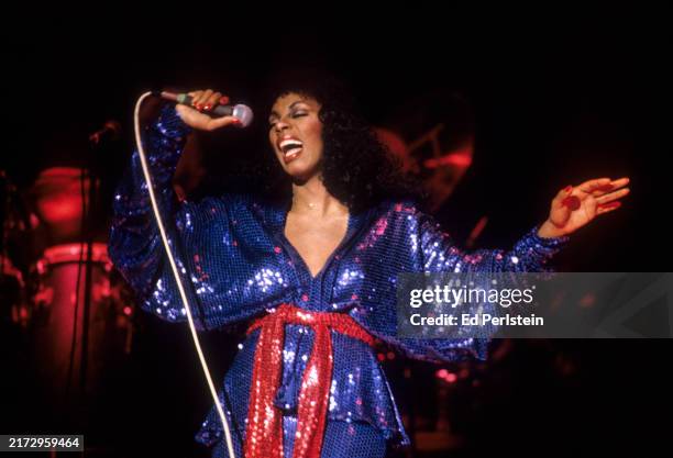 Donna Summer performs at the Oakland Coliseum in Oakland, California on July 1, 1979.