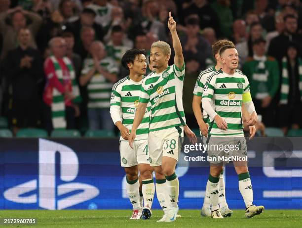 Daizen Maeda of Celtic celebrates scoring his team's fourth goal during the UEFA Champions League 2024/25 League Phase MD1 match between Celtic FC...