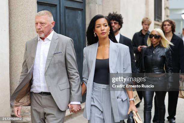 Boris Becker and Lilian de Carvalho arrive at the Boss fashion show during the Milan Womenswear Spring/Summer 2025 on September 18, 2024 in Milan,...