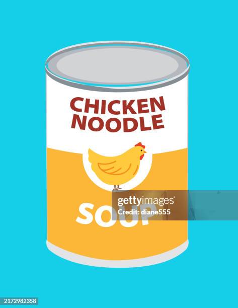 can of chicken noodle soup on a bright background - cooking chicken noodle soup stock illustrations