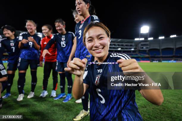 Manaka Hayashi of Japan and teammates celebrate after winning and advancing to the final following the FIFA U-20 Women's World Cup Colombia 2024...