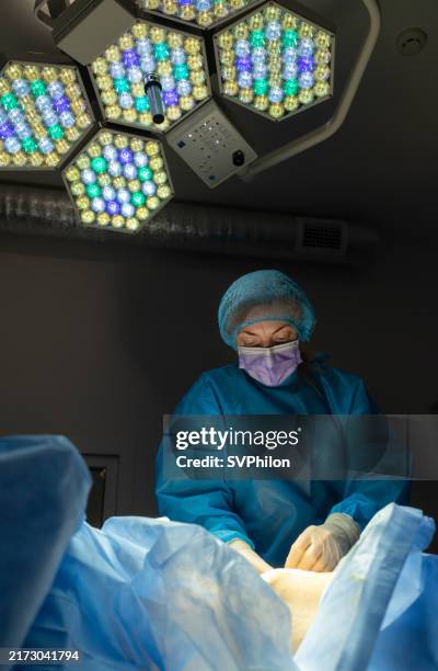 the surgical nurse applies the sterile dressing at the end of the laparoscopy. - operating gown stock pictures, royalty-free photos & images