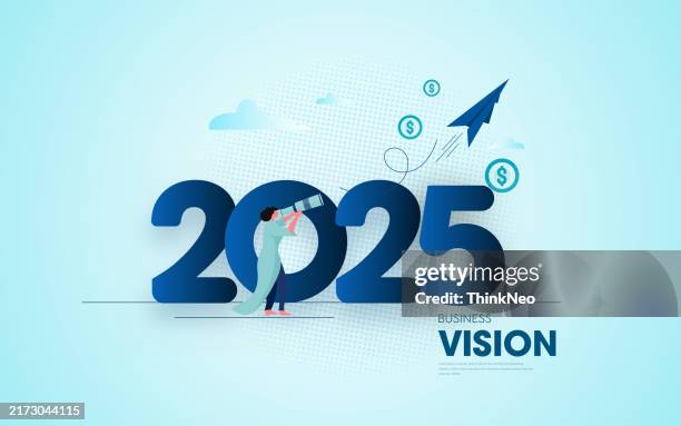 ilustraciones, imágenes clip art, dibujos animados e iconos de stock de previsión económica 2025 o concepto de visión de futuro - calcular