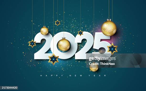 illustrazioni stock, clip art, cartoni animati e icone di tendenza di sfondo dei desideri di felice anno nuovo 2025 con pallina di natale - esprimere un desiderio