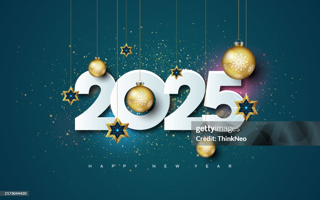 Happy new year 2025 wishes background with Christmas bauble
