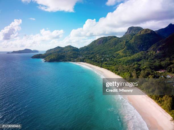 seychelles beach grand anse mahé island - aerial lagoon stock pictures, royalty-free photos & images