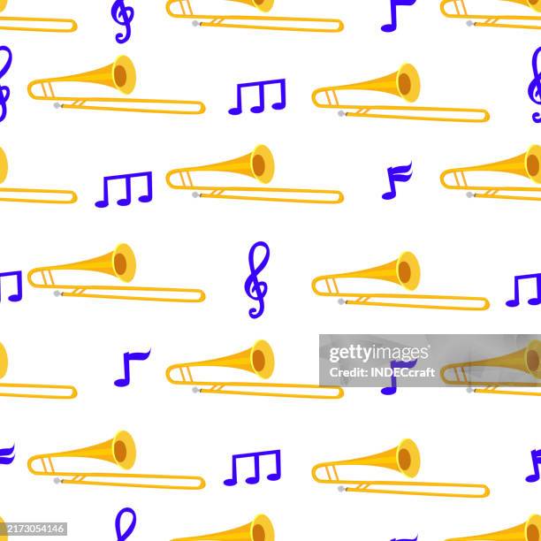 trombone instrument seamless pattern - playing trombone stock illustrations