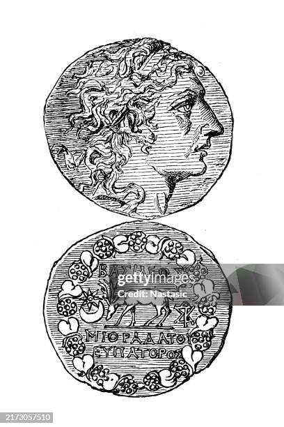 griechischen silberne tetradrachme von mithridates vi von pontus münze (2. jh. v. chr.) - ehemalige griechische währung stock-grafiken, -clipart, -cartoons und -symbole