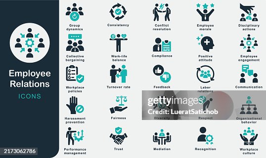 Employee Relations solid icons collection. Human resource management, Communication, Employee, Respect, Positive attitude, Trust, Feedback, Recognition, Fairness, Consistency, Turnover rate, Diversity Employee Relations solid icons collection. Human resource management, Communication, Employee, Respect, Positive attitude, Trust, Feedback, Recognition, Fairness, Consistency, Turnover rate, Diversity