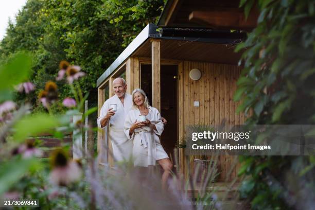 husband and wife relaxing after spa session in home sauna, drinking herbal tea. concept of hygge and slow life for senior people. banner with copy space. - bathrobe stock pictures, royalty-free photos & images