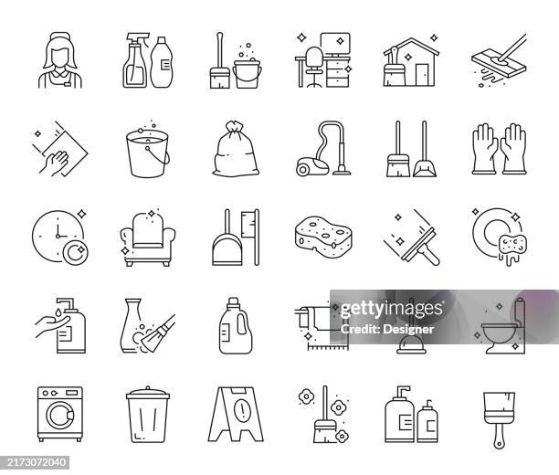 cleaning service simple line icon set. clean, house, housekeeping, cleaner, housework, hygiene - hand cleaning icon stock illustrations