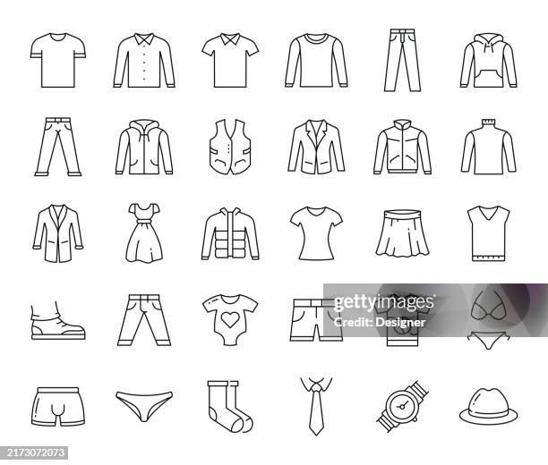 illustrations, cliparts, dessins animés et icônes de ensemble d’icônes de ligne simple de vêtements. mode, habillement, vêtement, textile, tendance, luxe - veste-et-blouson