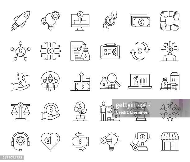 ilustraciones, imágenes clip art, dibujos animados e iconos de stock de conjunto de iconos de línea simple de crowdfunding. negocios, finanzas, dinero, startup, inversión, financiación - negocio nuevo