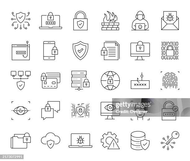 ilustraciones, imágenes clip art, dibujos animados e iconos de stock de conjunto de iconos de línea simple de seguridad cibernética. firewall, hacker, virus informático, digital, tecnología, seguridad, privacidad, protección - seguridad de redes