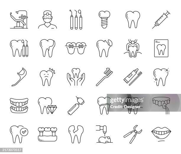 ilustraciones, imágenes clip art, dibujos animados e iconos de stock de conjunto de iconos de línea simple dental. odontología, dentista, dientes, tratamiento, ortodoncista - salud dental