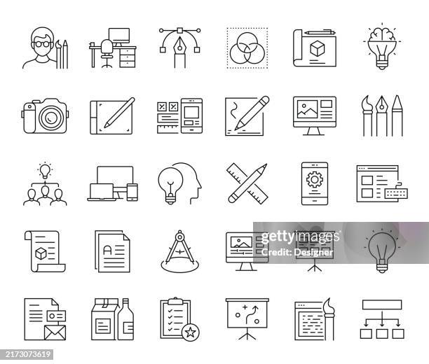 design and creativity simple line icon set. designer, ideas, trendy, layout, style, banner, marketing - design occupation stock illustrations