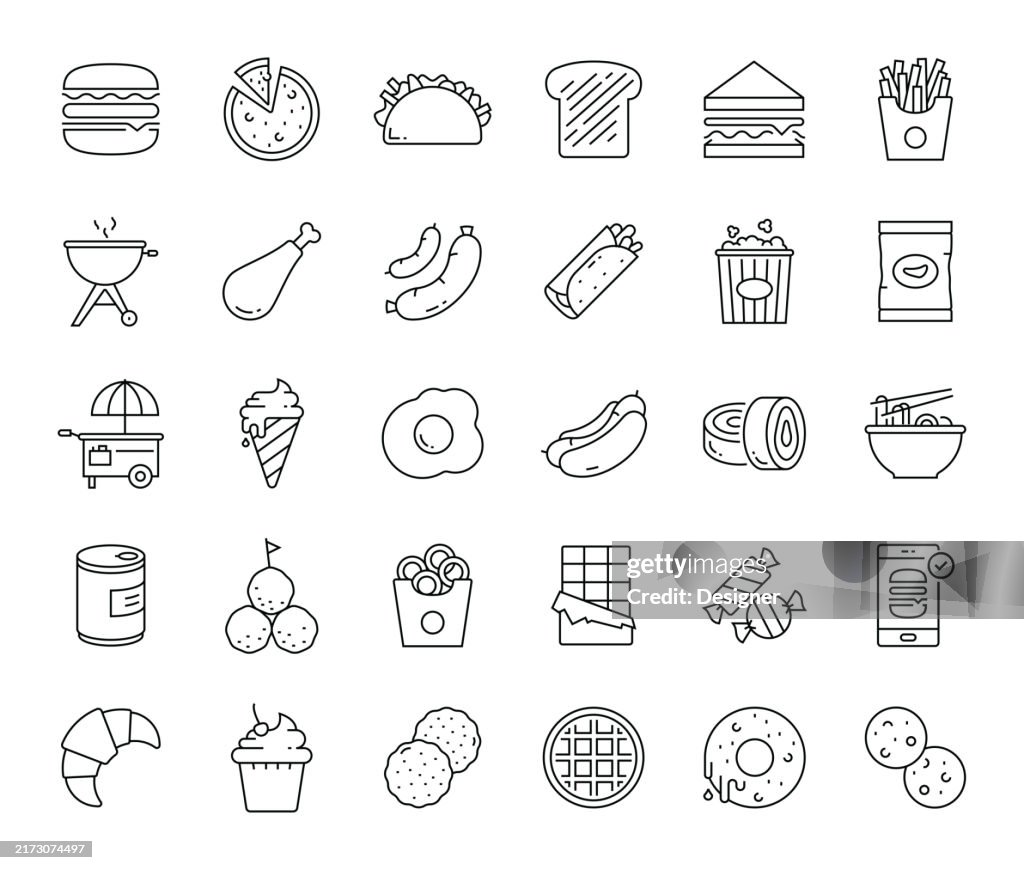 Fast Food Simple Line Icon Set. Hamburger, Cheeseburger, Noodle, Hot Dog, Sandwich, Pizza