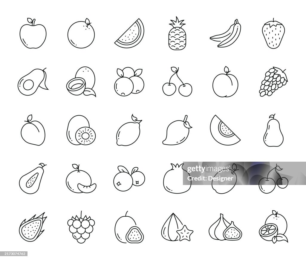 Fruits Simple Line Icon Set. Apple, Banana, Watermelon, Pear, Avocado, Grape