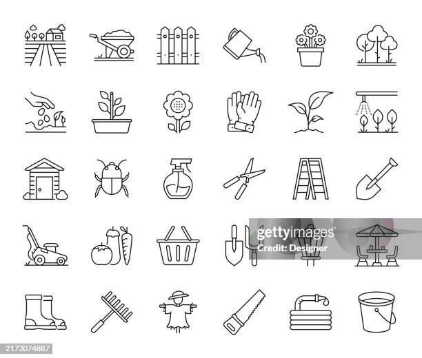 gardening simple line icon set. flower, seed, hobby, plant - manufactured object stock illustrations
