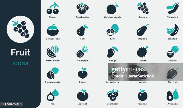 fruit solid icons collection. vegetarian foods. fresh organic food, fruits shop, market, supermarket, food, winter fruits, tropical fruit, apple, banana, orange, grapes, watermelon, strawberry, fig - apple fruit stock illustrations