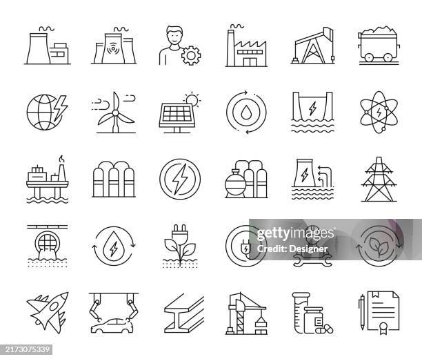 illustrations, cliparts, dessins animés et icônes de heavy and power simple line icon set. machine, plant, energy, engineering, industry - manufacturing plant symbol