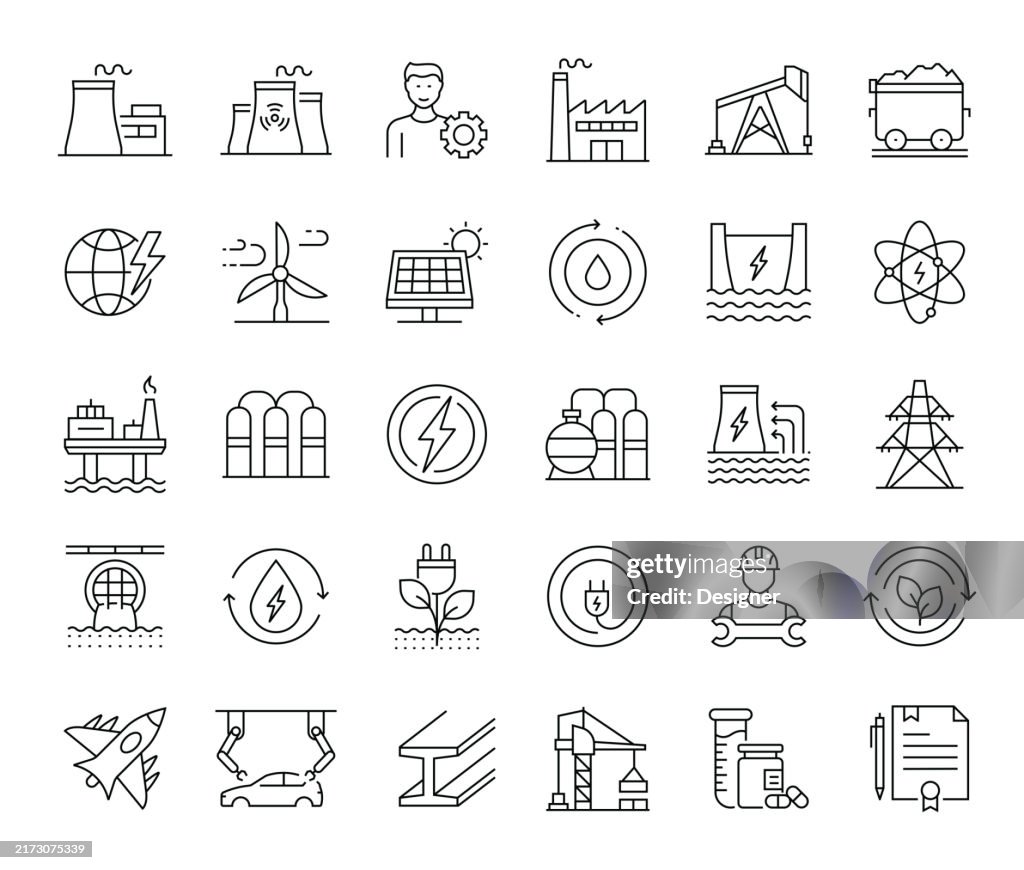 Heavy and Power Simple Line Icon Set. Machine, Plant, Energy, Engineering, Industry