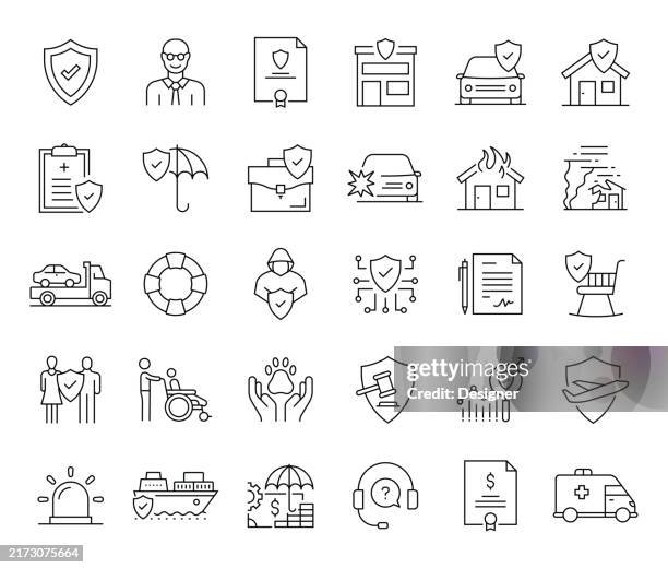 ilustraciones, imágenes clip art, dibujos animados e iconos de stock de conjunto de iconos de línea simple de seguros y protección. seguridad, aseguramiento, riesgo, póliza, accidentes, cuidado, jubilación - accidente de automóvil