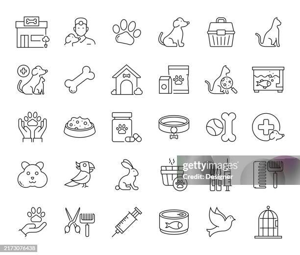 pet shop simple line icon set. animal, dog, cat, veterinary, aquarium, adoption - pet equipment stock illustrations