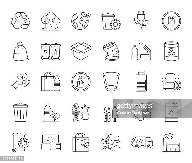 stockillustraties, clipart, cartoons en iconen met recycling simple line icon set. garbage, compost, zero waste, paper, plastic, electronic waste, ecology - vuilniszak