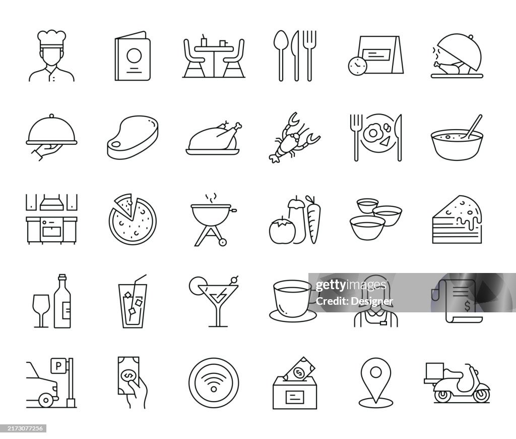 Restaurant Simple Line Icon Set. Food, Drink, Cutlery, Chef, Menu, Serving