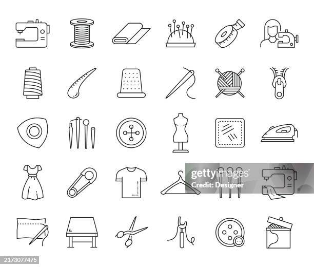 nähen einfacher linie icon set. stoff, textil, mode, nähen, handwerk, schneider - näherin stock-grafiken, -clipart, -cartoons und -symbole