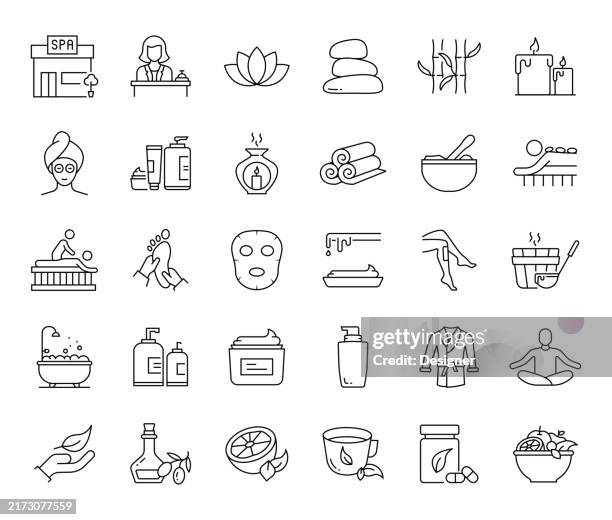 bildbanksillustrationer, clip art samt tecknat material och ikoner med spa and beauty simple line icon set. skin care, treatment, relax, luxury, therapy, massage, wellness - spa