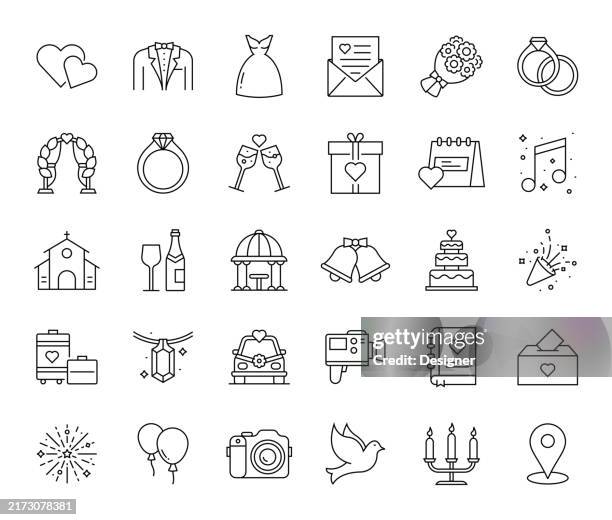 wedding simple line icon set. celebration, invitation, flower, decoration, diamond, honeymoon, congratulation - wedding role stock illustrations