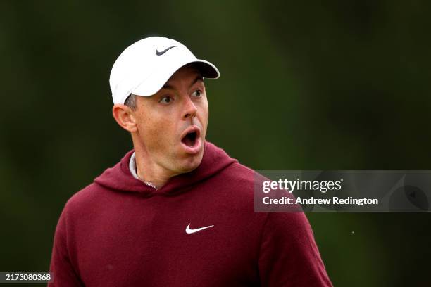 Rory McIlroy of Northern Ireland reacts on the sixth hole during day one of the BMW PGA Championship 2024 at Wentworth Club on September 19, 2024 in...