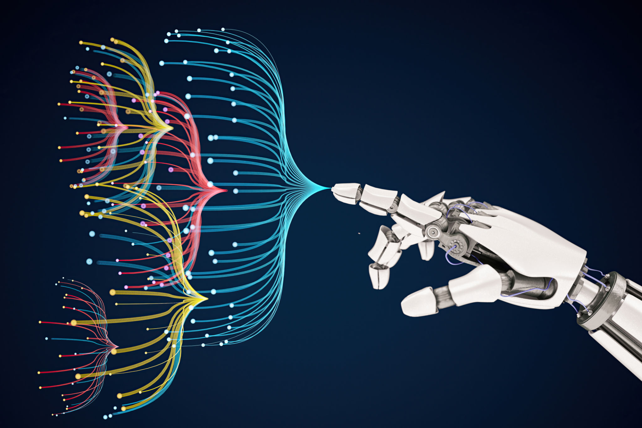 AI Artificial Intelligence Robot's Hand Touching Colorful Hierarchy Nodes AI Artificial Intelligence Robot's Hand Touching Colorful Hierarchy Nodes