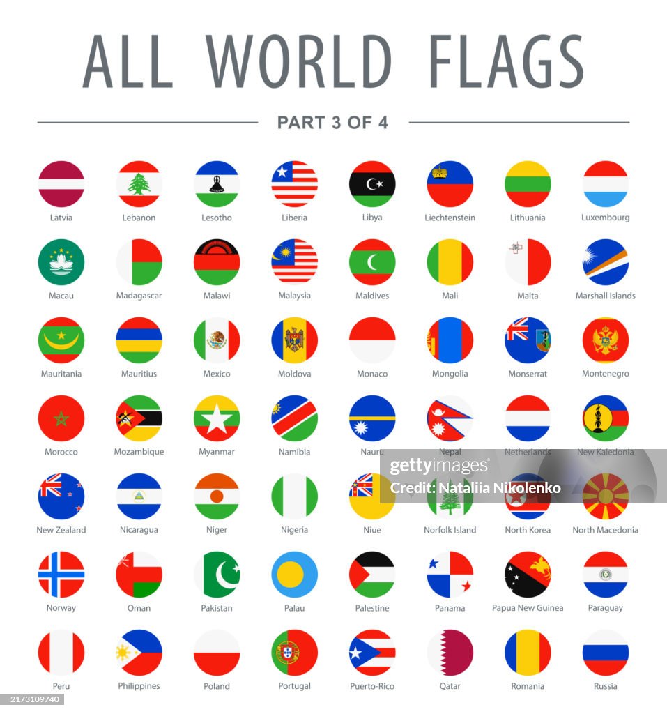 Todas las banderas del mundo - Conjunto vectorial de iconos planos redondos. Banderas de todos los países y continentes. Parte 3 de 4