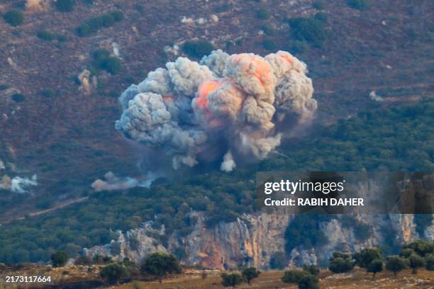 Smoke billows from the site of an Israeli airstrike in Marjayoun, near the Lebanon-Israel border, on September 23, 2024. The Israeli military on...
